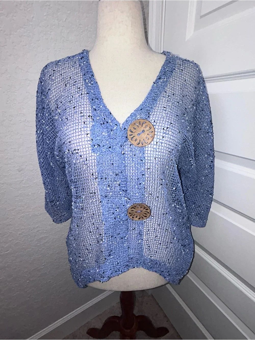 Lulu-B Open Weave Large Decorative Button Cardigan